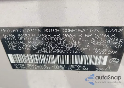 2008 Lexus Es 350 из США, поврежденный, VIN JTHBJ46G582221478